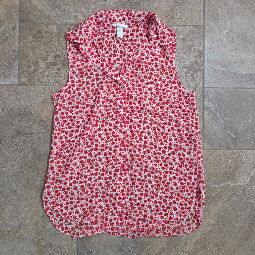 H&M Sleeveless Red Floral Shirt Womens Size 6 Collared V Neck Lightweight Summer
